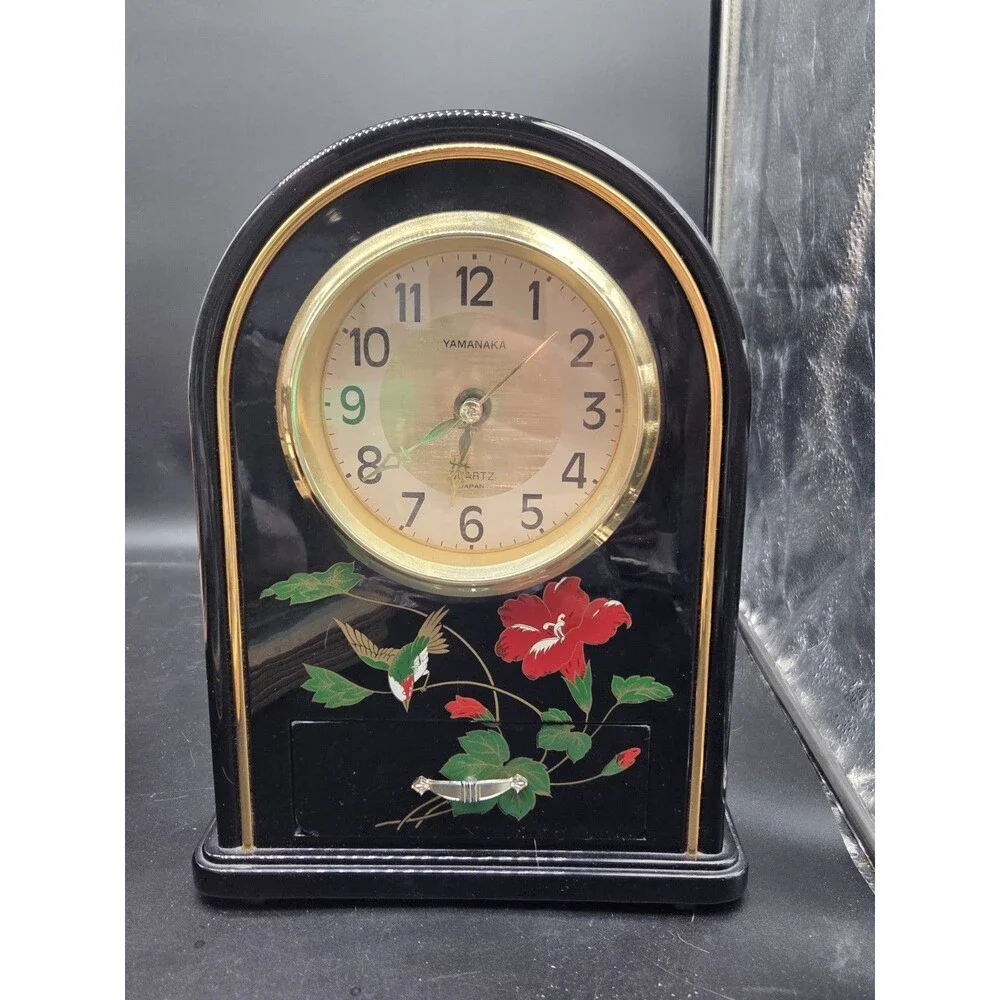 Vintage Yamanaka Quartz Mantel Clock Tabletop Black Red Hummingbird Flower